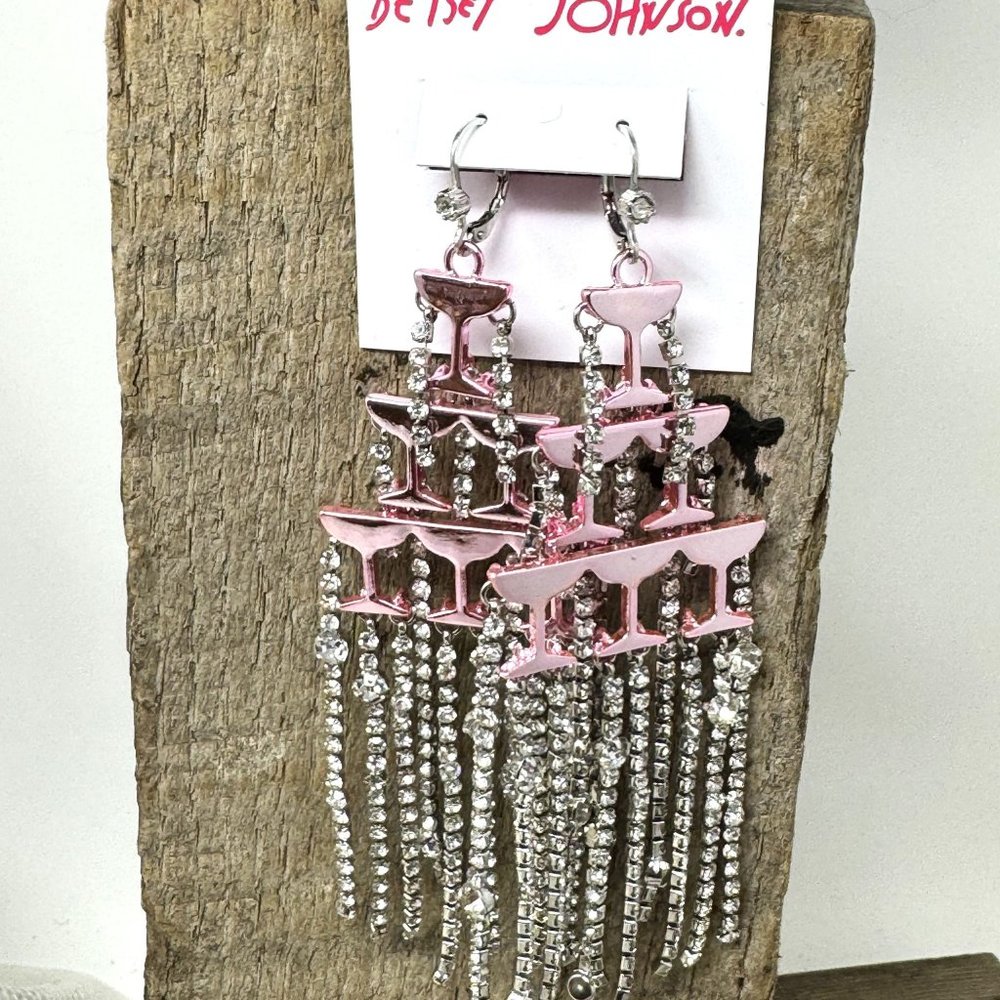 Betsey Johnson Pink Rhinestone Champaign Pierced Earrings Leavers
